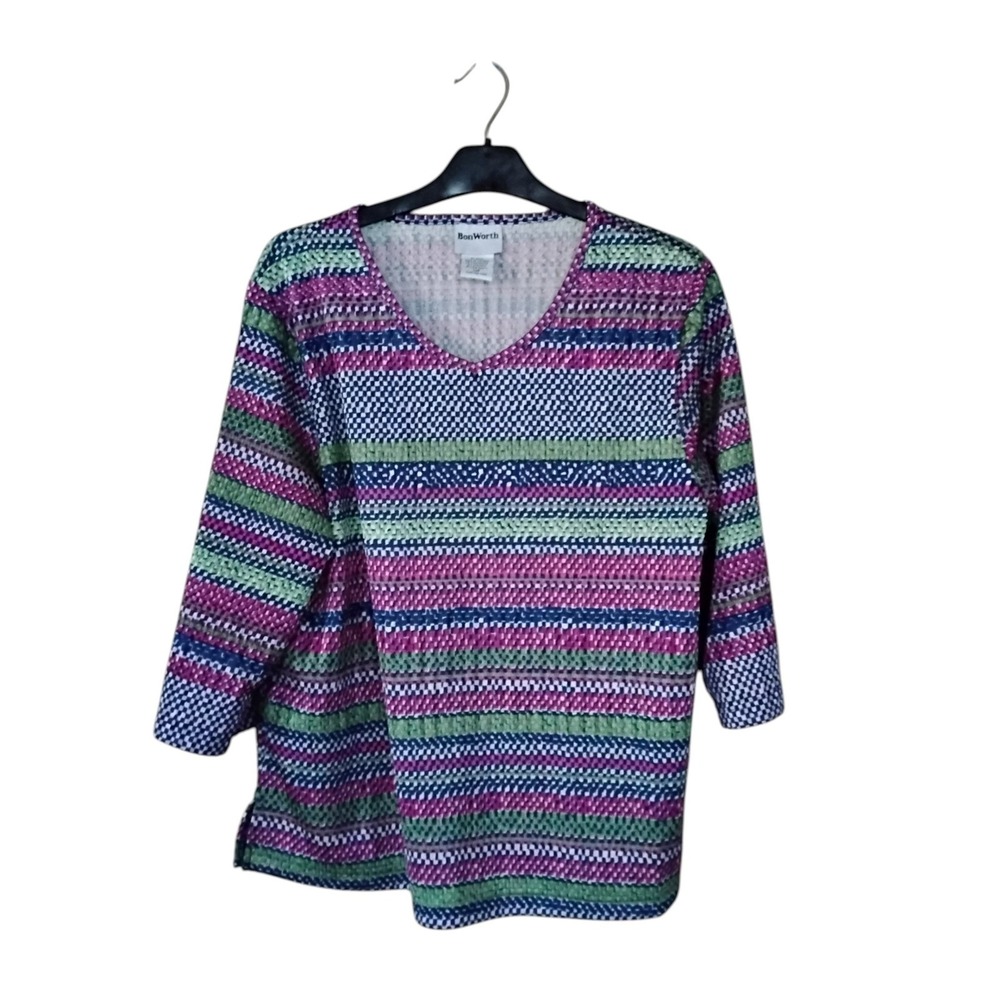 BonWorth Petite MP Multi Color Striped 3/4 Sleeve V-Neck Top Blouse 46971